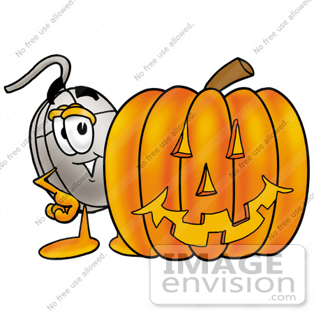 #24800 Clip Art Graphic of a Wired Computer Mouse Cartoon Character With a Carved Halloween Pumpkin by toons4biz