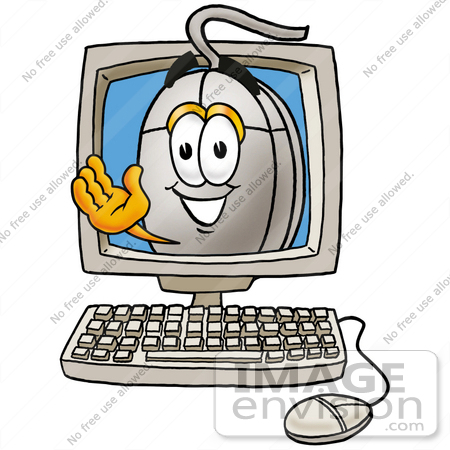 #24801 Clip Art Graphic of a Wired Computer Mouse Cartoon Character Waving From Inside a Computer Screen by toons4biz