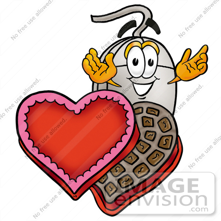 #24805 Clip Art Graphic of a Wired Computer Mouse Cartoon Character With an Open Box of Valentines Day Chocolate Candies by toons4biz