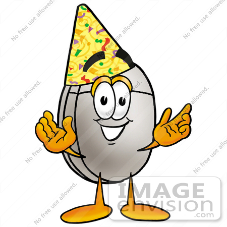 #24806 Clip Art Graphic of a Wired Computer Mouse Cartoon Character Wearing a Birthday Party Hat by toons4biz