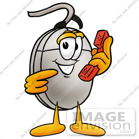 #24807 Clip Art Graphic of a Wired Computer Mouse Cartoon Character Holding a Telephone by toons4biz