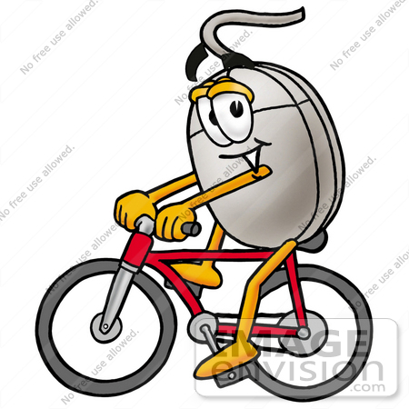 #24808 Clip Art Graphic of a Wired Computer Mouse Cartoon Character Riding a Bicycle by toons4biz