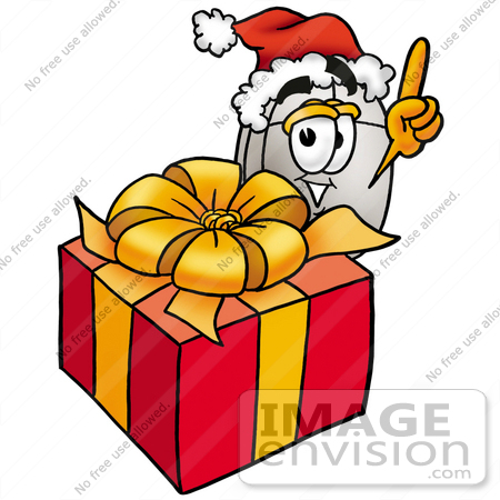 #24810 Clip Art Graphic of a Wired Computer Mouse Cartoon Character Standing by a Christmas Present by toons4biz
