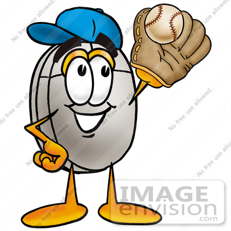#24812 Clip Art Graphic of a Wired Computer Mouse Cartoon Character Catching a Baseball With a Glove by toons4biz
