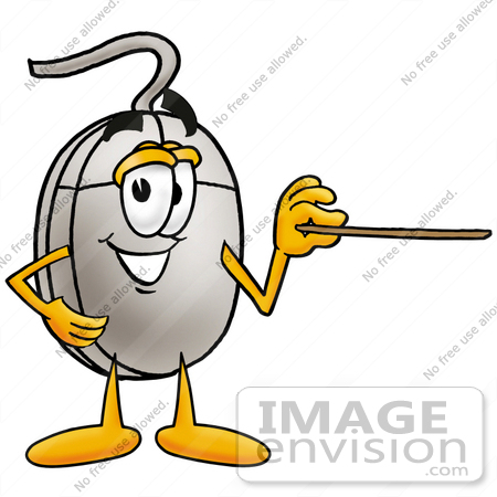 #24813 Clip Art Graphic of a Wired Computer Mouse Cartoon Character Holding a Pointer Stick by toons4biz