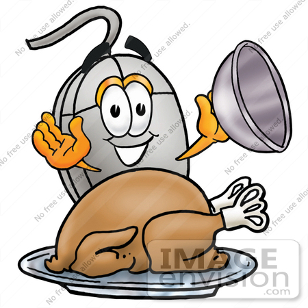 #24818 Clip Art Graphic of a Wired Computer Mouse Cartoon Character Serving a Thanksgiving Turkey on a Platter by toons4biz