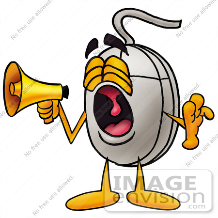 #24820 Clip Art Graphic of a Wired Computer Mouse Cartoon Character Screaming Into a Megaphone by toons4biz