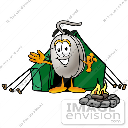 #24823 Clip Art Graphic of a Wired Computer Mouse Cartoon Character Camping With a Tent and Fire by toons4biz