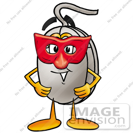 #24824 Clip Art Graphic of a Wired Computer Mouse Cartoon Character Wearing a Red Mask Over His Face by toons4biz