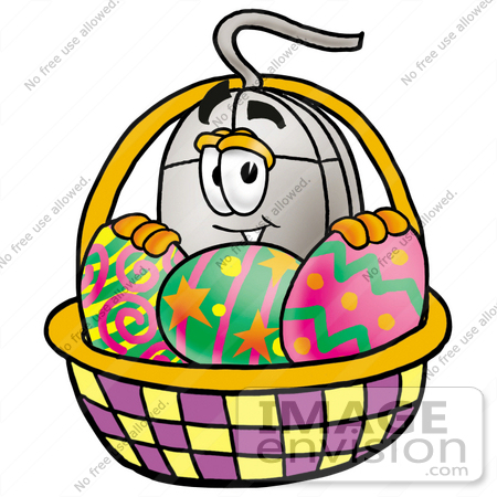 #24827 Clip Art Graphic of a Wired Computer Mouse Cartoon Character in an Easter Basket Full of Decorated Easter Eggs by toons4biz