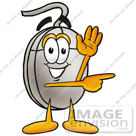 #24830 Clip Art Graphic of a Wired Computer Mouse Cartoon Character Waving and Pointing by toons4biz