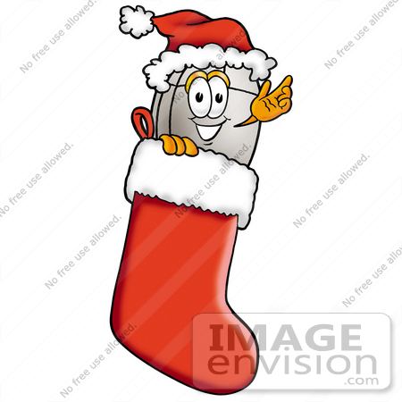 #24832 Clip Art Graphic of a Wired Computer Mouse Cartoon Character Wearing a Santa Hat Inside a Red Christmas Stocking by toons4biz