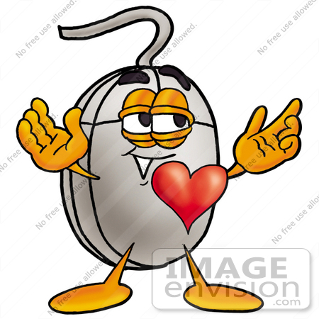 #24836 Clip Art Graphic of a Wired Computer Mouse Cartoon Character With His Heart Beating Out of His Chest by toons4biz