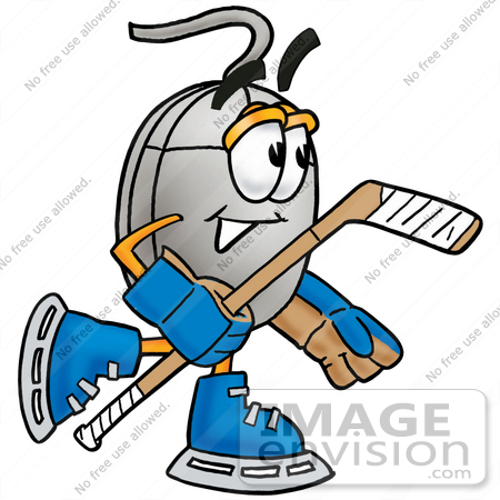 #24837 Clip Art Graphic of a Wired Computer Mouse Cartoon Character Playing Ice Hockey by toons4biz