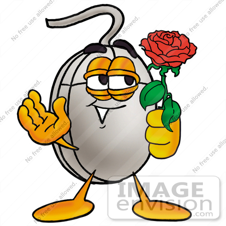 #24848 Clip Art Graphic of a Wired Computer Mouse Cartoon Character Holding a Red Rose on Valentines Day by toons4biz
