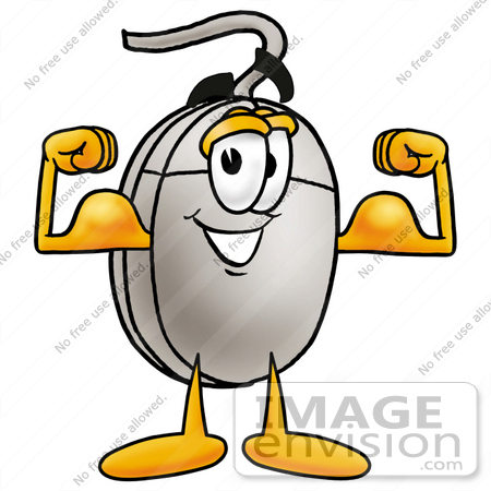 #24851 Clip Art Graphic of a Wired Computer Mouse Cartoon Character Flexing His Arm Muscles by toons4biz