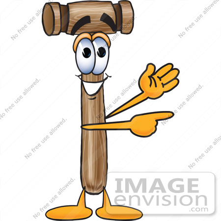 #24854 Clip Art Graphic of a Wooden Mallet Cartoon Character Waving and Pointing by toons4biz