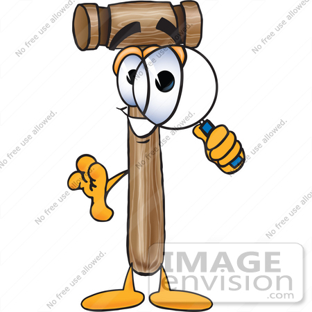 #24855 Clip Art Graphic of a Wooden Mallet Cartoon Character Looking Through a Magnifying Glass by toons4biz