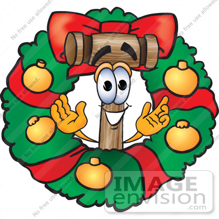 #24856 Clip Art Graphic of a Wooden Mallet Cartoon Character in the Center of a Christmas Wreath by toons4biz