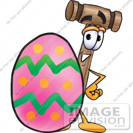 #24857 Clip Art Graphic of a Wooden Mallet Cartoon Character Standing Beside an Easter Egg by toons4biz