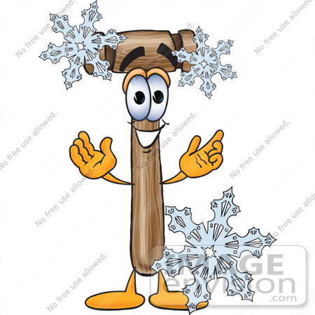 #24859 Clip Art Graphic of a Wooden Mallet Cartoon Character With Three Snowflakes in Winter by toons4biz