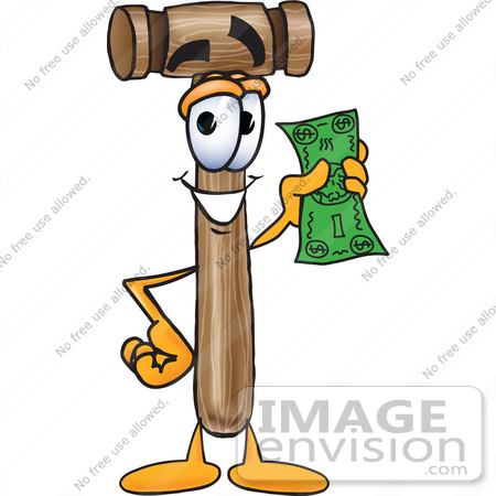 #24861 Clip Art Graphic of a Wooden Mallet Cartoon Character Holding a Dollar Bill by toons4biz