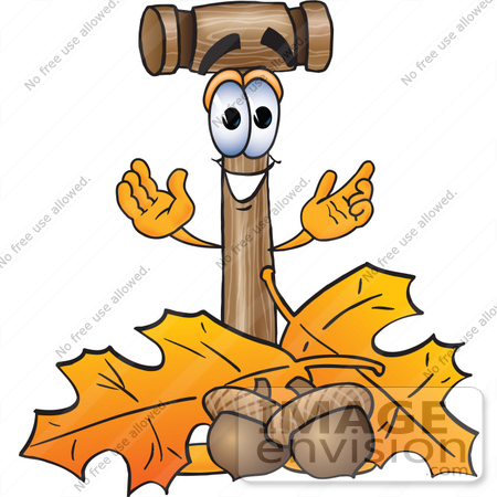 #24862 Clip Art Graphic of a Wooden Mallet Cartoon Character With Autumn Leaves and Acorns in the Fall by toons4biz