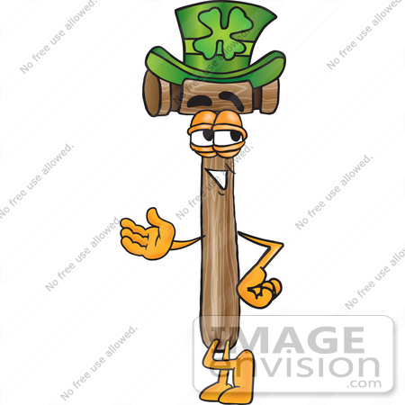 #24867 Clip Art Graphic of a Wooden Mallet Cartoon Character Wearing a Saint Patricks Day Hat With a Clover on it by toons4biz