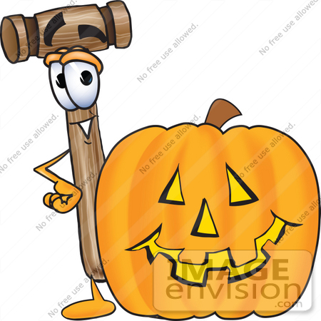 #24869 Clip Art Graphic of a Wooden Mallet Cartoon Character With a Carved Halloween Pumpkin by toons4biz