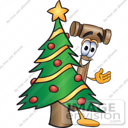 #24871 Clip Art Graphic of a Wooden Mallet Cartoon Character Waving and Standing by a Decorated Christmas Tree by toons4biz