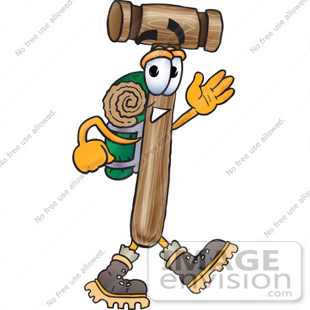 #24872 Clip Art Graphic of a Wooden Mallet Cartoon Character Hiking and Carrying a Backpack by toons4biz