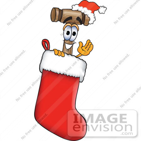 #24873 Clip Art Graphic of a Wooden Mallet Cartoon Character Wearing a Santa Hat Inside a Red Christmas Stocking by toons4biz