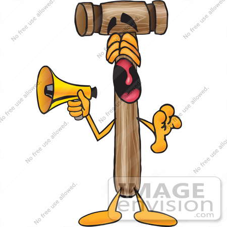 #24874 Clip Art Graphic of a Wooden Mallet Cartoon Character Screaming Into a Megaphone by toons4biz