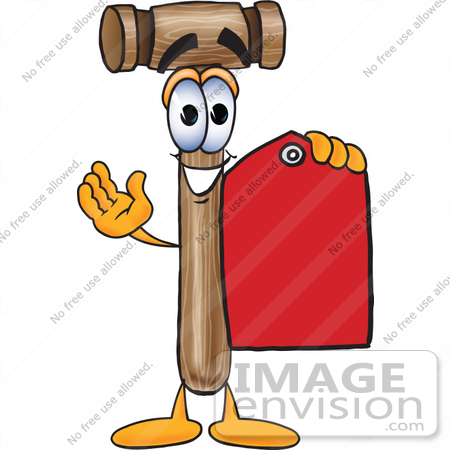 #24875 Clip Art Graphic of a Wooden Mallet Cartoon Character Holding a Red Sales Price Tag by toons4biz
