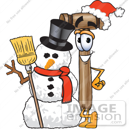 #24877 Clip Art Graphic of a Wooden Mallet Cartoon Character With a Snowman on Christmas by toons4biz