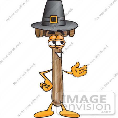 #24878 Clip Art Graphic of a Wooden Mallet Cartoon Character Wearing a Pilgrim Hat on Thanksgiving by toons4biz