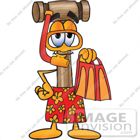 #24881 Clip Art Graphic of a Wooden Mallet Cartoon Character in Orange and Red Snorkel Gear by toons4biz