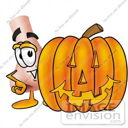 #24894 Clip Art Graphic of a Human Nose Cartoon Character With a Carved Halloween Pumpkin by toons4biz