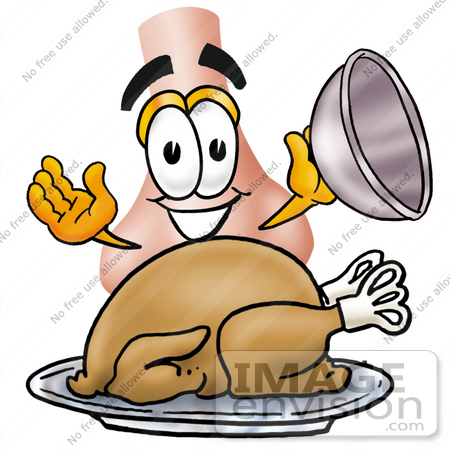 #24896 Clip Art Graphic of a Human Nose Cartoon Character Serving a Thanksgiving Turkey on a Platter by toons4biz