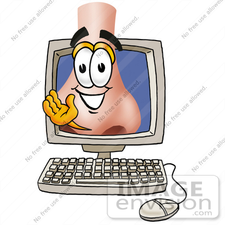 #24899 Clip Art Graphic of a Human Nose Cartoon Character Waving From Inside a Computer Screen by toons4biz
