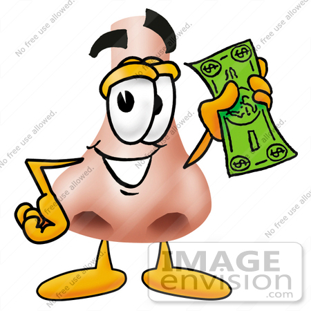 #24902 Clip Art Graphic of a Human Nose Cartoon Character Holding a Dollar Bill by toons4biz