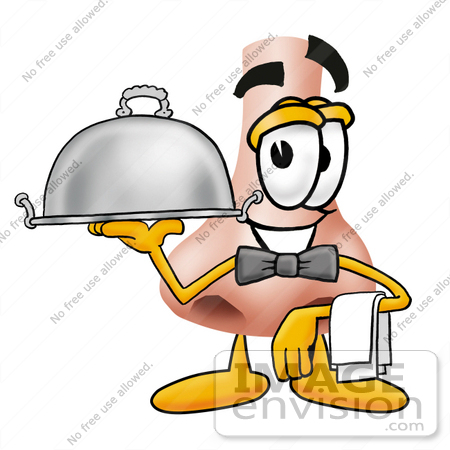 #24903 Clip Art Graphic of a Human Nose Cartoon Character Dressed as a Waiter and Holding a Serving Platter by toons4biz