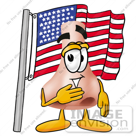 #24905 Clip Art Graphic of a Human Nose Cartoon Character Pledging Allegiance to an American Flag by toons4biz