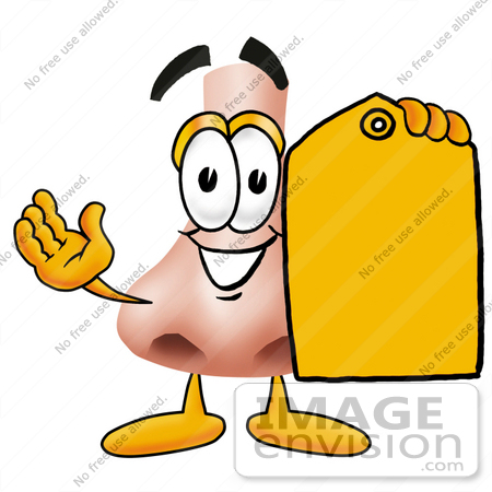 #24908 Clip Art Graphic of a Human Nose Cartoon Character Holding a Yellow Sales Price Tag by toons4biz