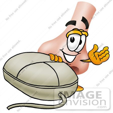 #24909 Clip Art Graphic of a Human Nose Cartoon Character With a Computer Mouse by toons4biz