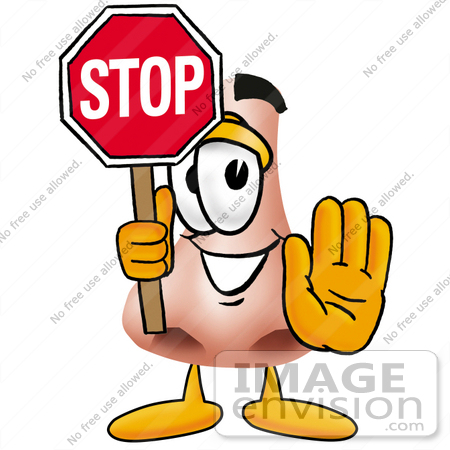 #24911 Clip Art Graphic of a Human Nose Cartoon Character Holding a Stop Sign by toons4biz