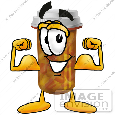 #24920 Clip Art Graphic of a Medication Prescription Pill Bottle Cartoon Character Flexing His Arm Muscles by toons4biz