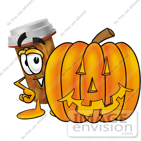 #24922 Clip Art Graphic of a Medication Prescription Pill Bottle Cartoon Character With a Carved Halloween Pumpkin by toons4biz