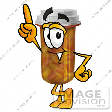 #24925 Clip Art Graphic of a Medication Prescription Pill Bottle Cartoon Character Pointing Upwards by toons4biz