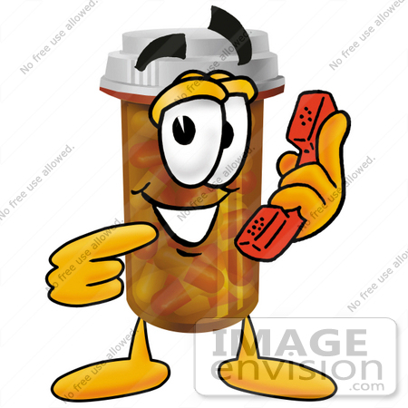 #24926 Clip Art Graphic of a Medication Prescription Pill Bottle Cartoon Character Holding a Telephone by toons4biz